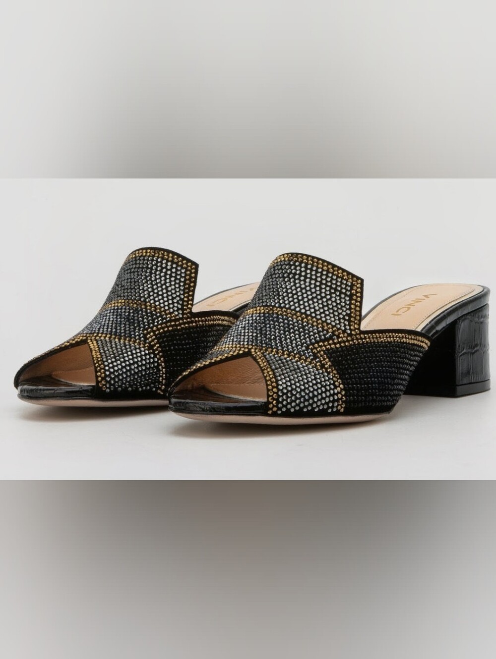 $485 Vinci Magnolia Crystal Glitter Black Mule Block Heel DAZZLING Sz 38